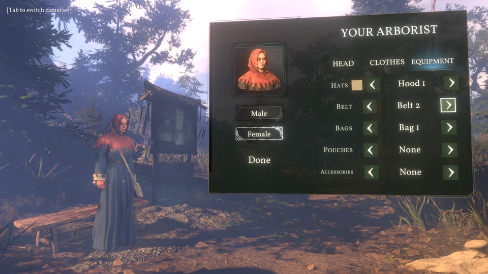Forester character customization with choices for head, clothes, and equipment.