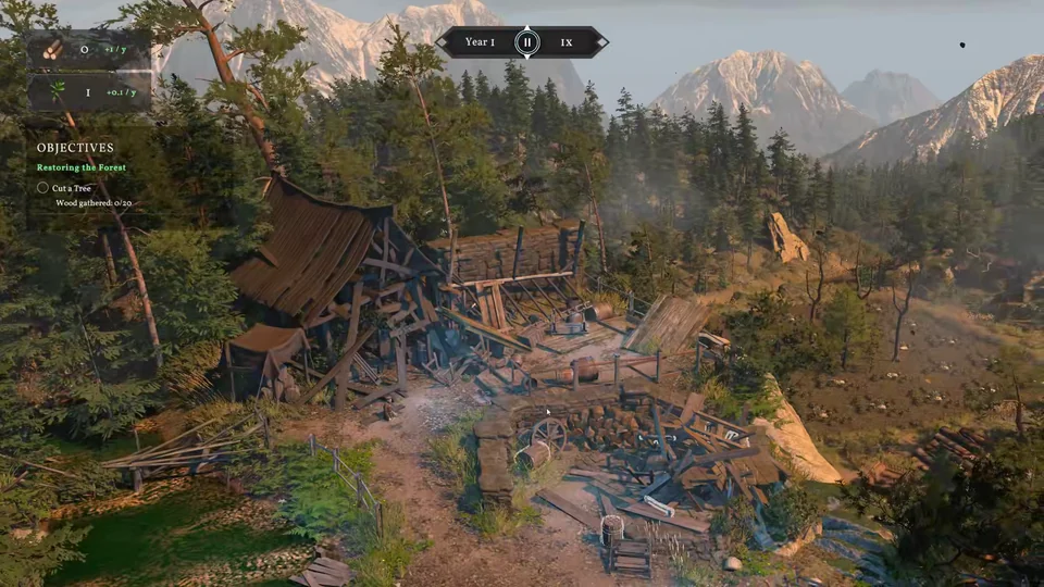 A ruined woodland estate among the mountains, with rebuilding objectives in the game interface.