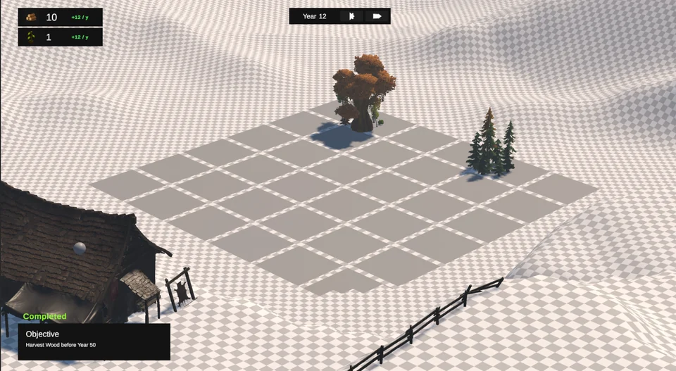 Prototype woodland grid with trees, a cottage, and unfinished terrain.