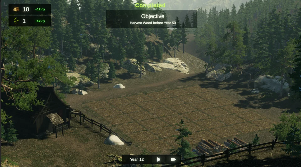 Forester woodland scene with saplings, an estate, and a forest surrounding the clearing.