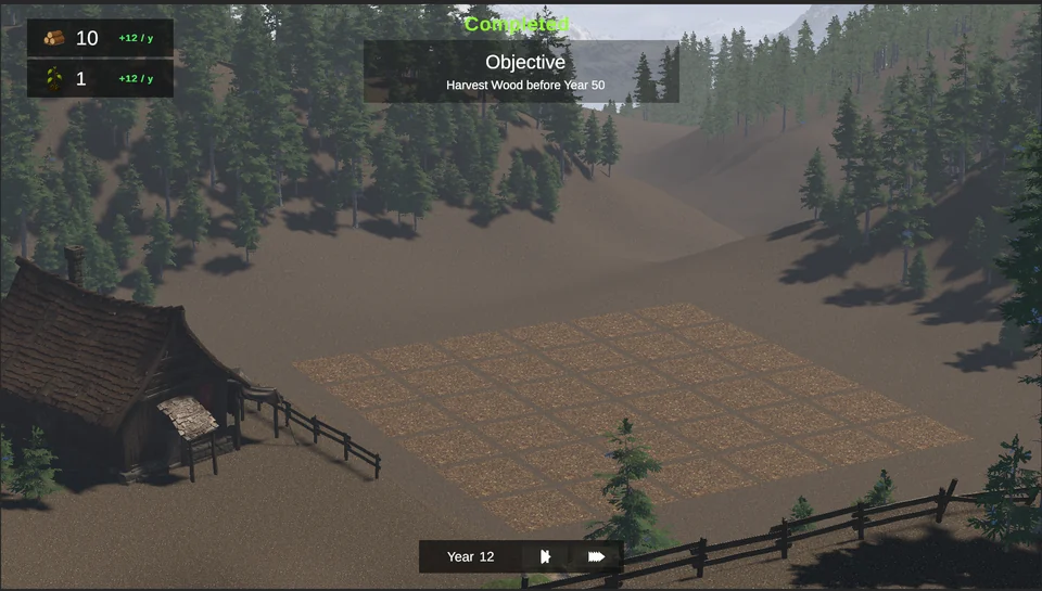 Forester forest-management scenario with resource counters, a cottage, and a planting grid.