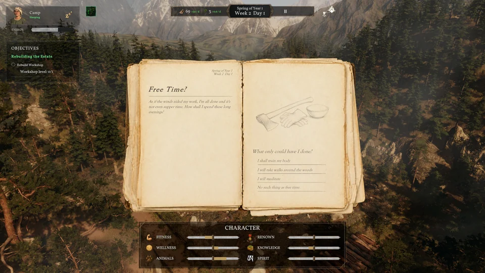 An open narrative journal with a Free Time encounter and character attributes.