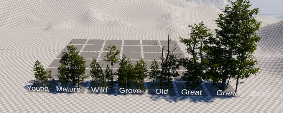 Seven tree forms labeled Young, Mature, Wild, Grove, Old, Great, and Grand.