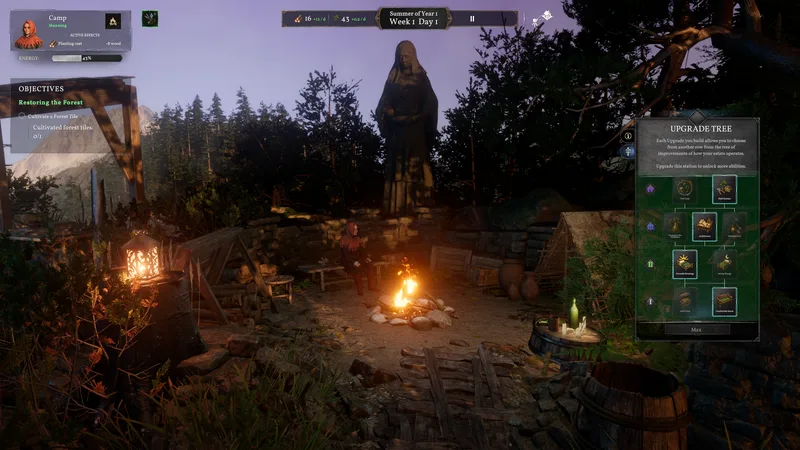 Campfire and Camp Upgrades — Forester gameplay